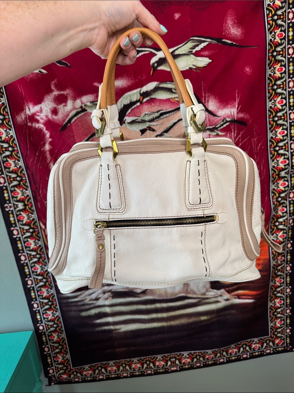 orYANY White/Tan Rare Colorway Handbag Purse Green Geometric Lining